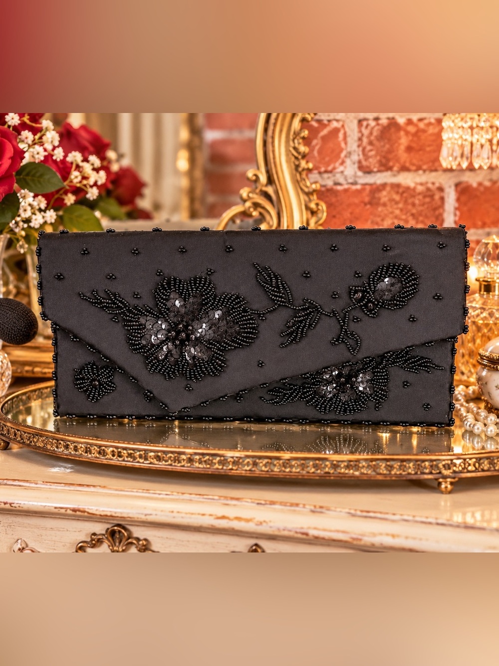 Vintage MCM Jay Dee Black Satin Beaded Floral Embroidered Hard Clutch